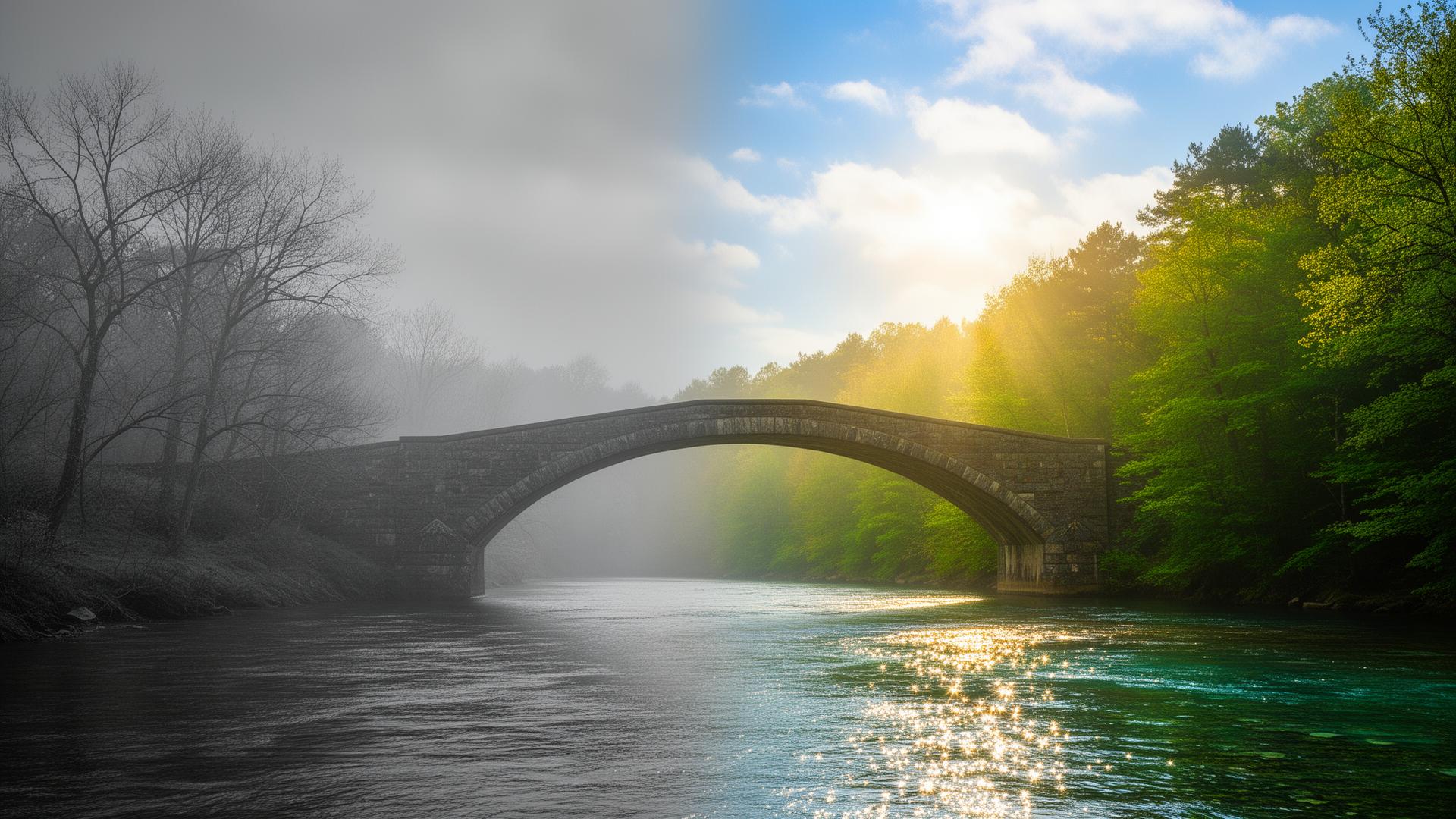 Serene arched bridge over a misty river at golden hour