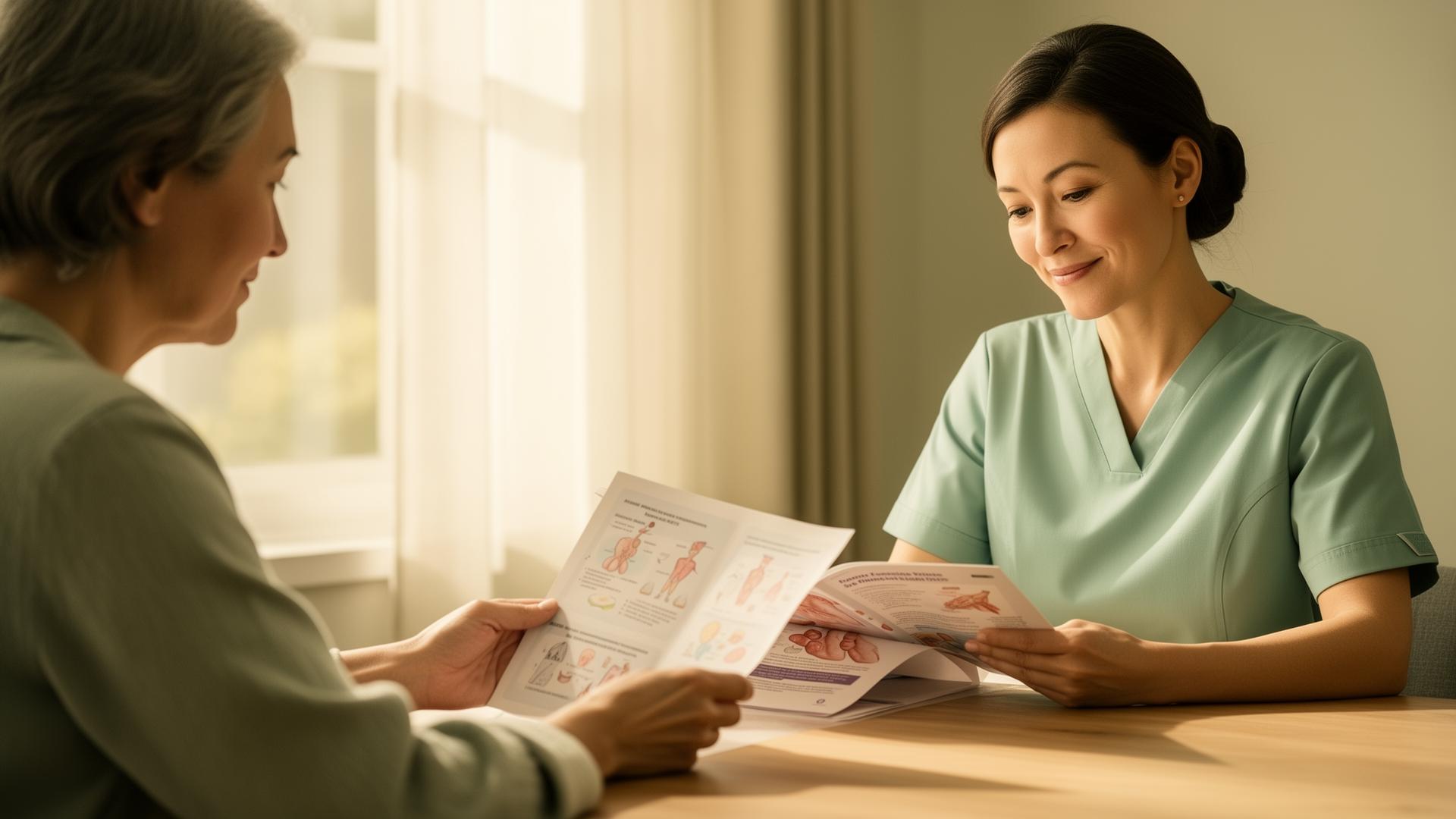 Nurse compassionately educating a patient with a health booklet